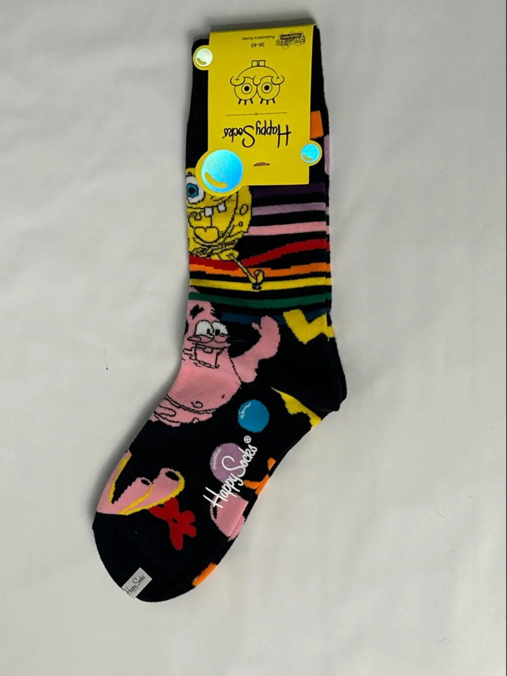 Happy Socks Men’s Black Crew Socks with SpongeBob & Colorful Stripes